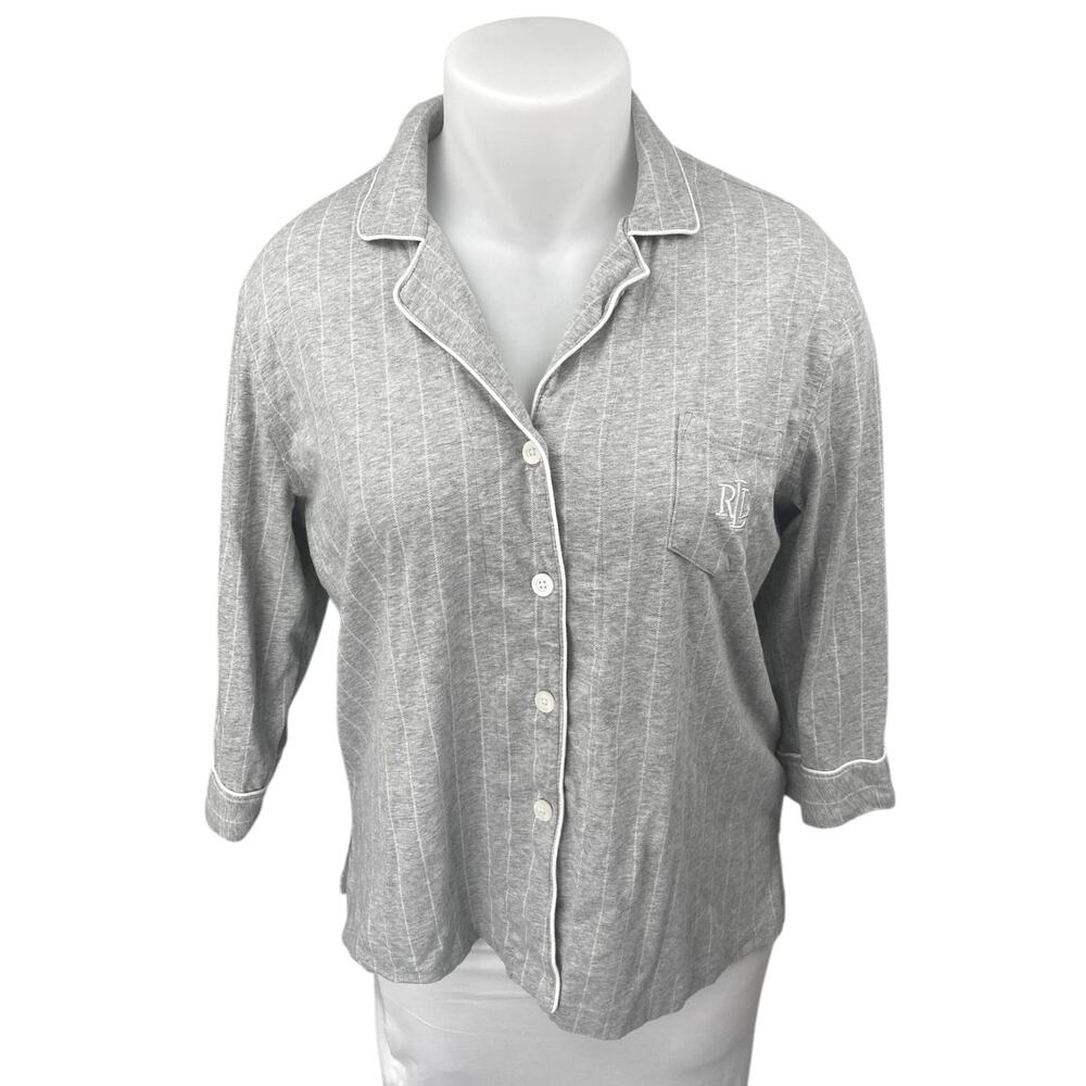 Lauren Ralph Lauren Gray Striped 3/4 Sleeve Button Down Sleep Pajama Top Size XL